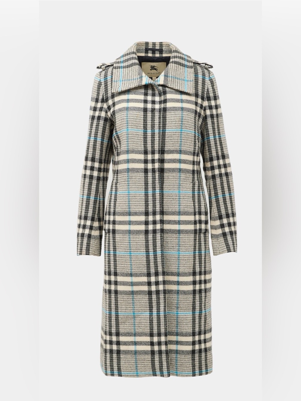 Burberry Cream, Black & Light Blue Plaid Long coat